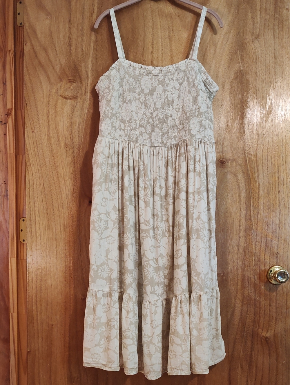 🌞GAP Beachy Sundress Tan Cream Smocked Adjustable Straps Ruffle Cotton Blend XL